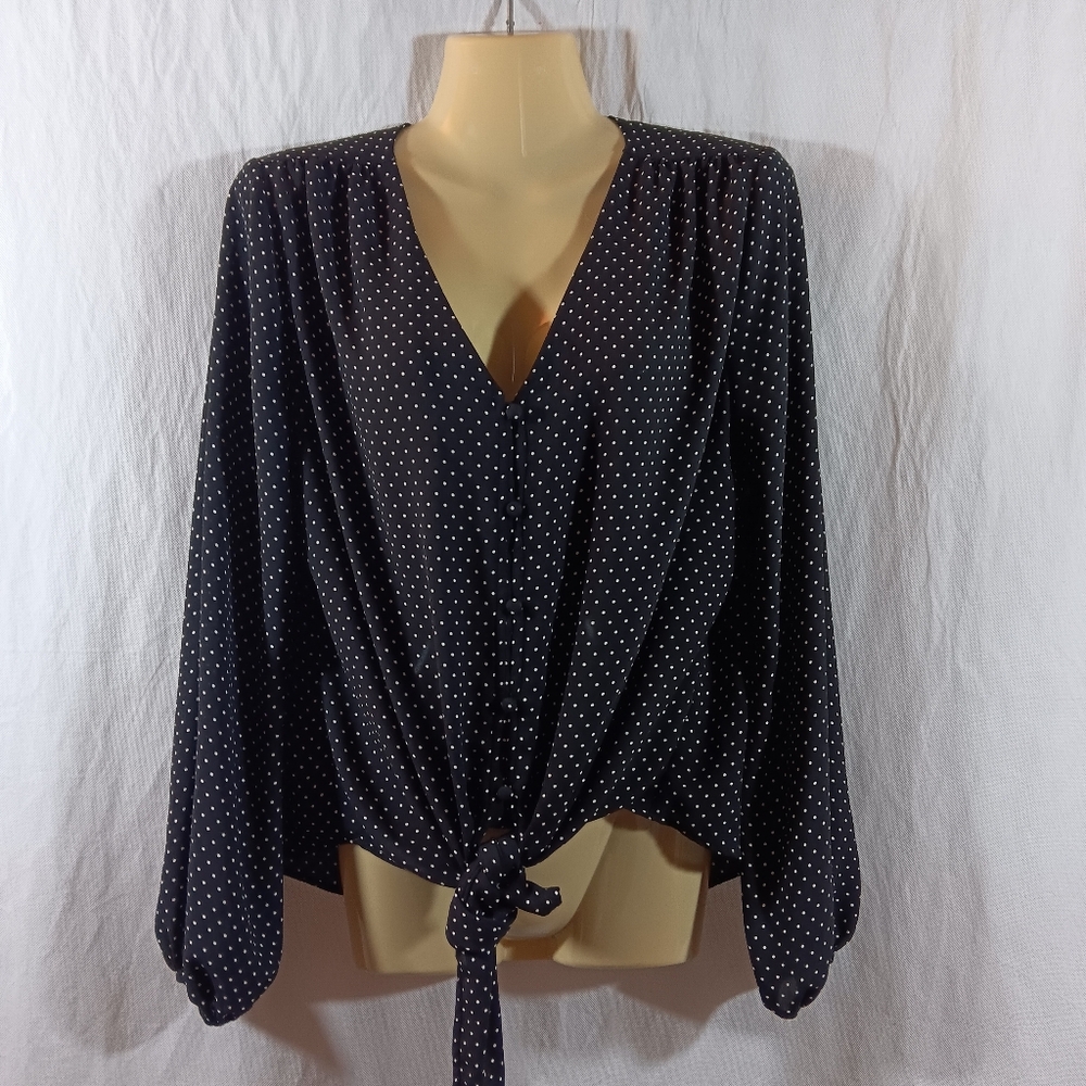 WHBM Womens Medium Polka Dot Top Tie Front Button Up Long Sleeve
